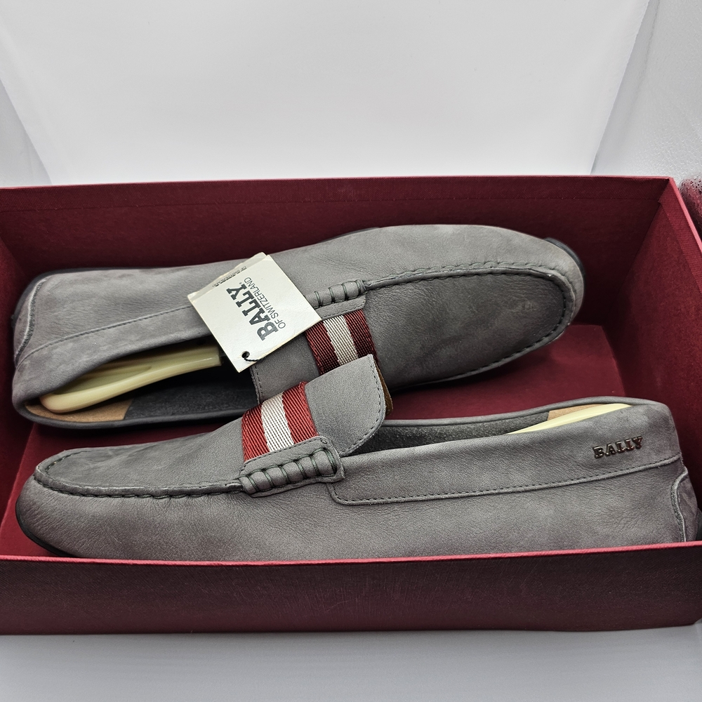 Bally Gray Leather Slip-On Loafers with Red Accents